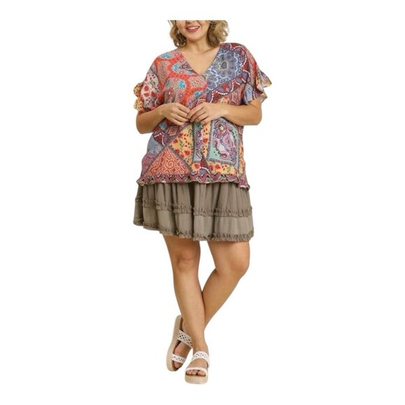 Umgee Mix Print Top Ruffled Short Sleeves XL Mango Mix V-Neck Boho Side Slits - Picture 2 of 9